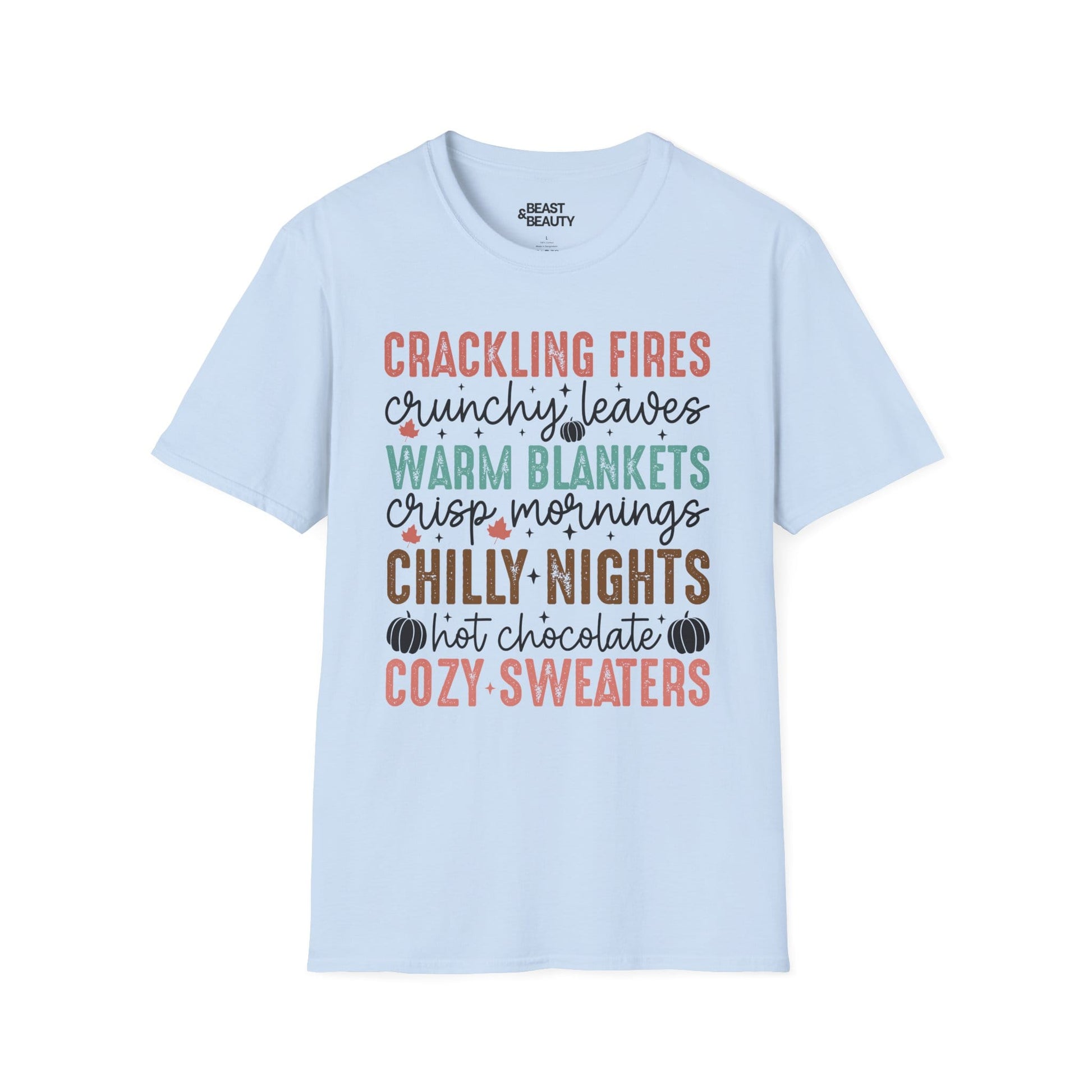 light blue t-shirt with cozy fall vibes autumn slogan gift idea