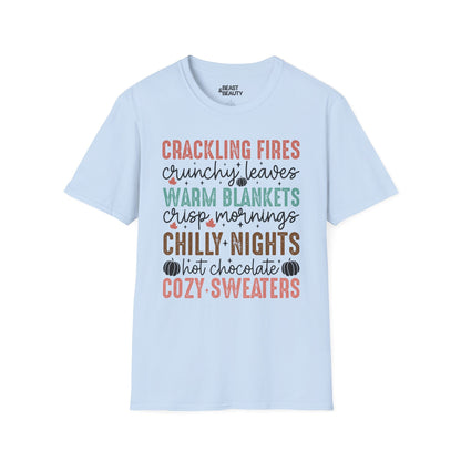 light blue t-shirt with cozy fall vibes autumn slogan gift idea