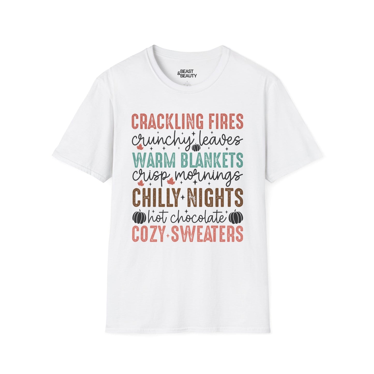 white t-shirt with cozy fall vibes printed design for women
