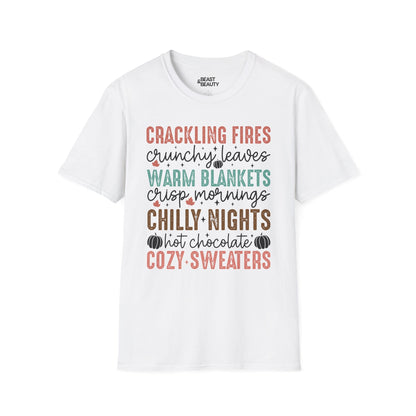 white t-shirt with cozy fall vibes printed design for women