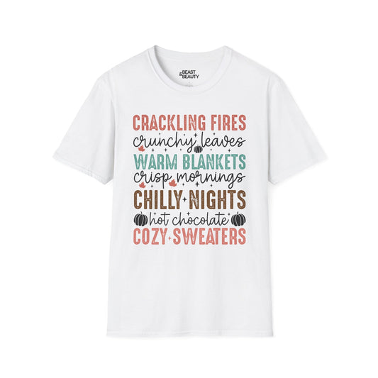 white t-shirt with cozy fall vibes printed design for women