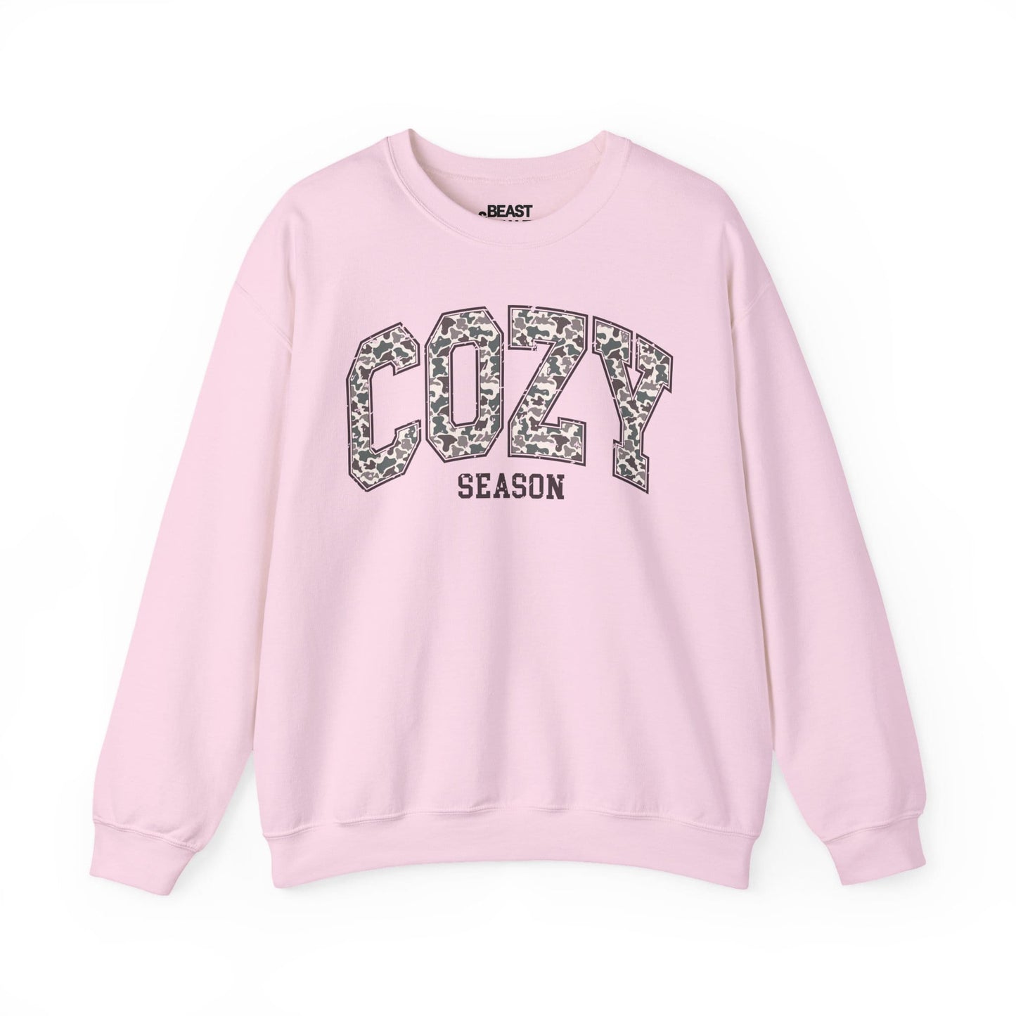 light pink camo sweatshirt with cozy season fall design gift for her