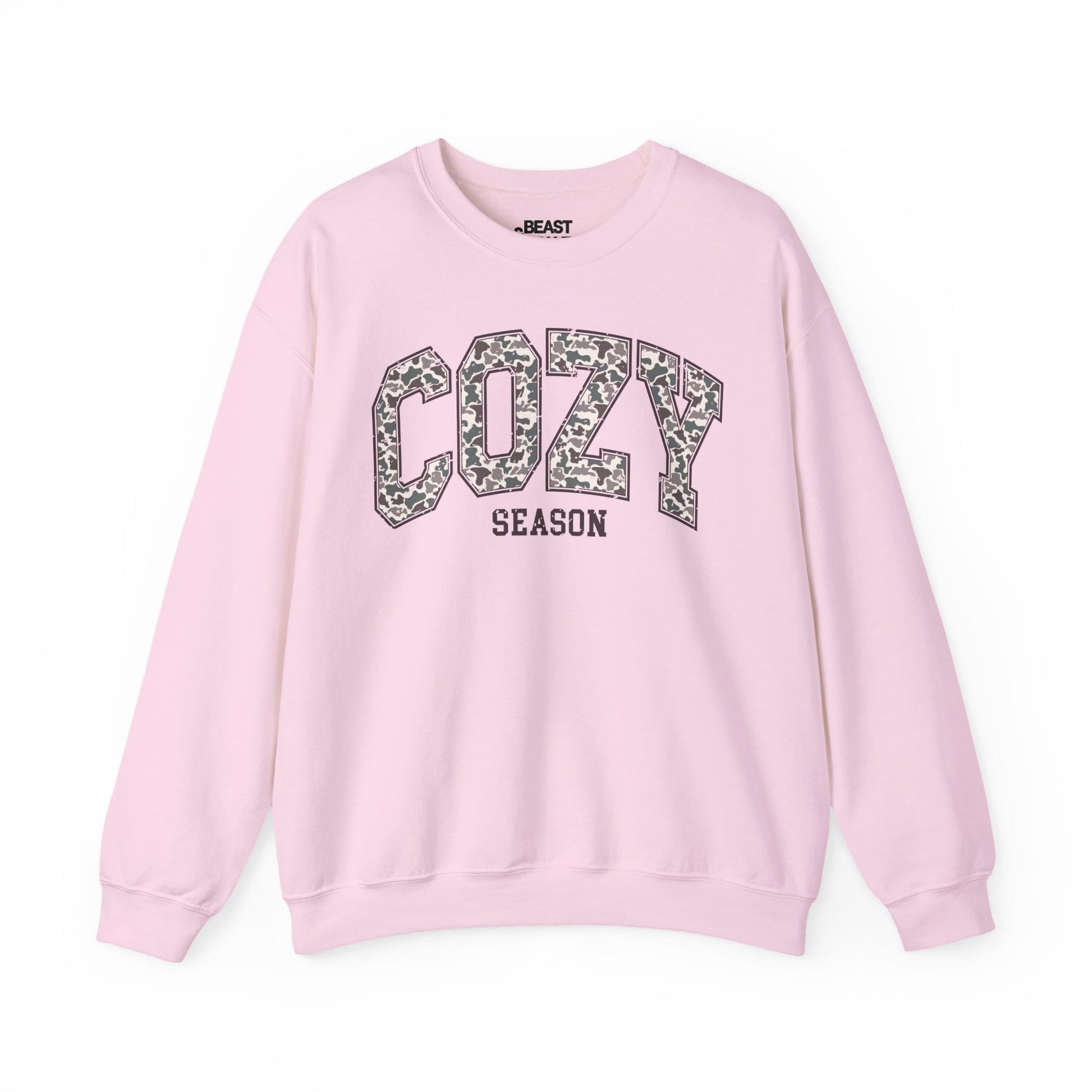 light pink camo sweatshirt with cozy season fall design gift for her