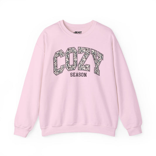 light pink camo sweatshirt with cozy season fall design gift for her