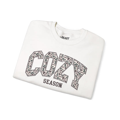cozy season camo sweatshirt laid flat showing seasonal design detail