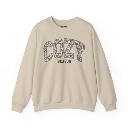 sand camo sweatshirt with cozy season autumn slogan design