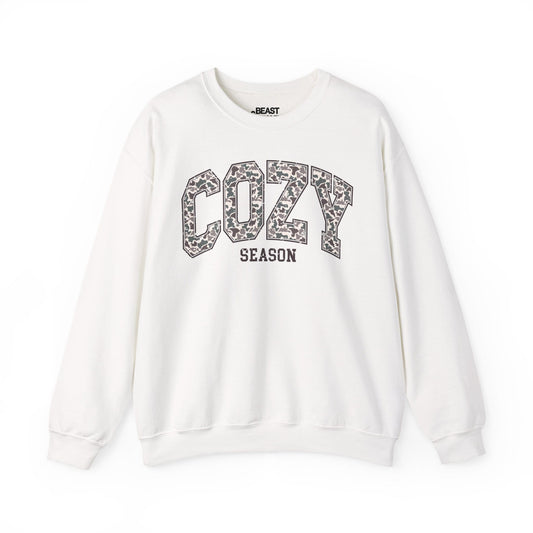 white camo sweatshirt with cozy season autumn print for her