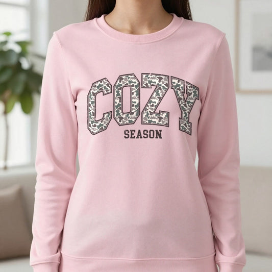 Cozy Season Camo Sweatshirt in Light Pink, worn, our photo