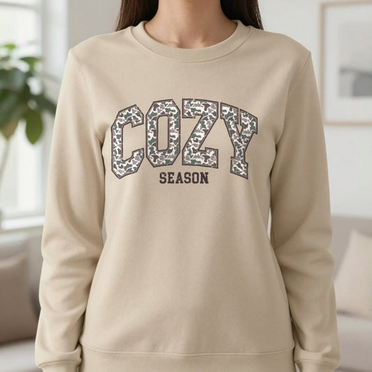 Cozy Season Camo Sweatshirt in Sand, worn, our photo