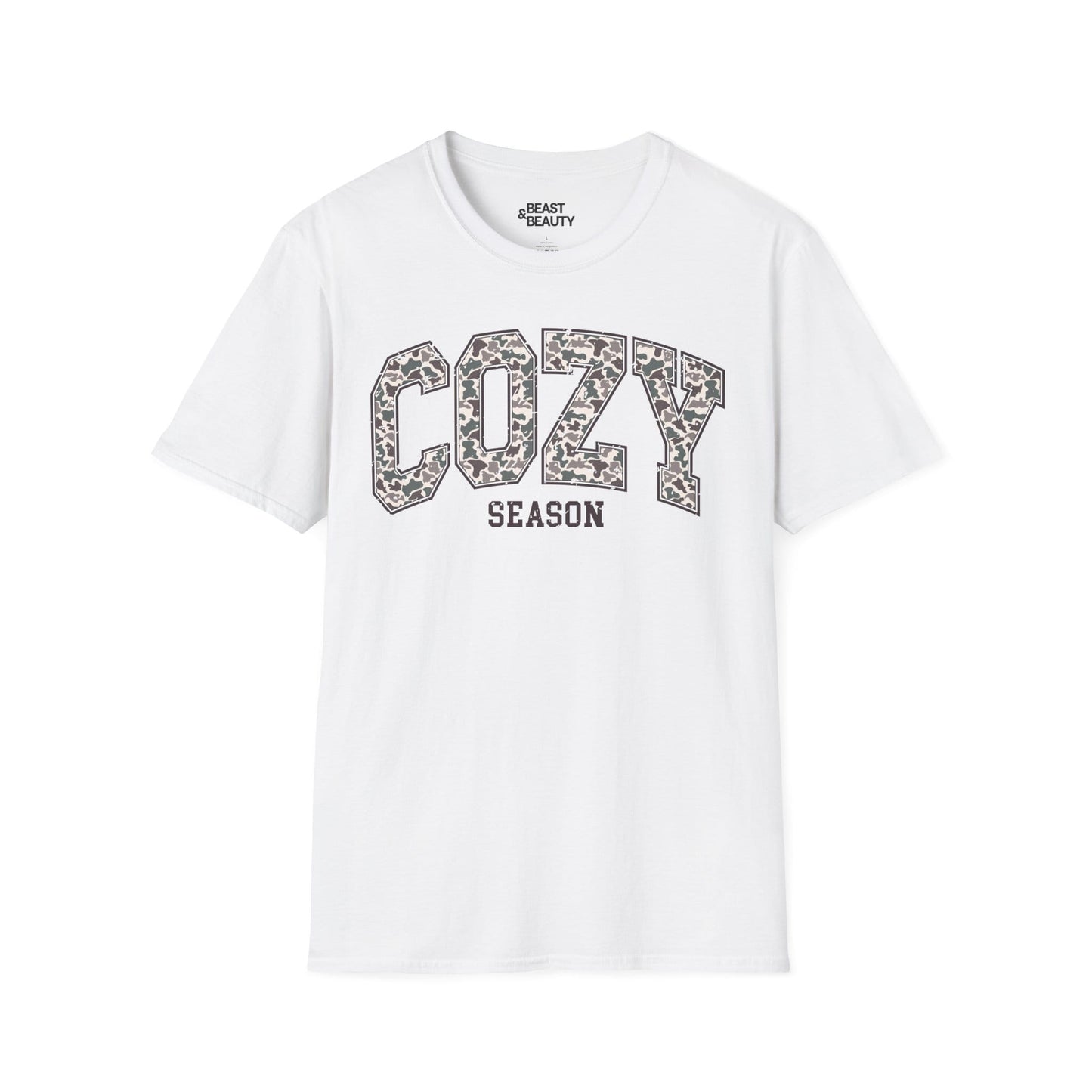 white t-shirt with bold cozy season leopard print graphic for her