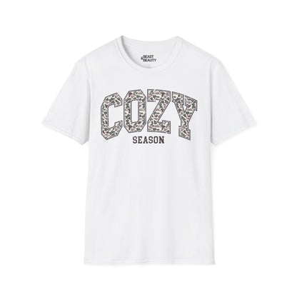 white t-shirt with bold cozy season leopard print graphic for her