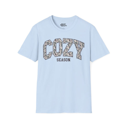 light blue t-shirt with cozy season leopard print design for autumn