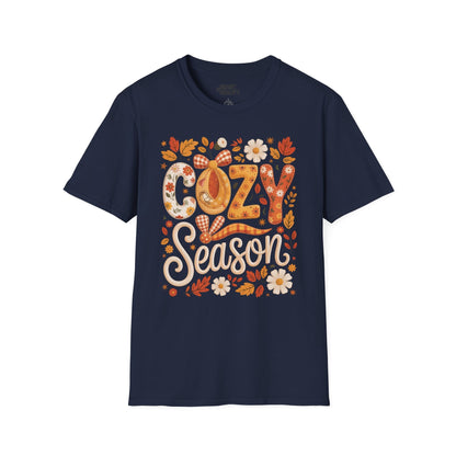navy t-shirt with cozy season autumn slogan design for women