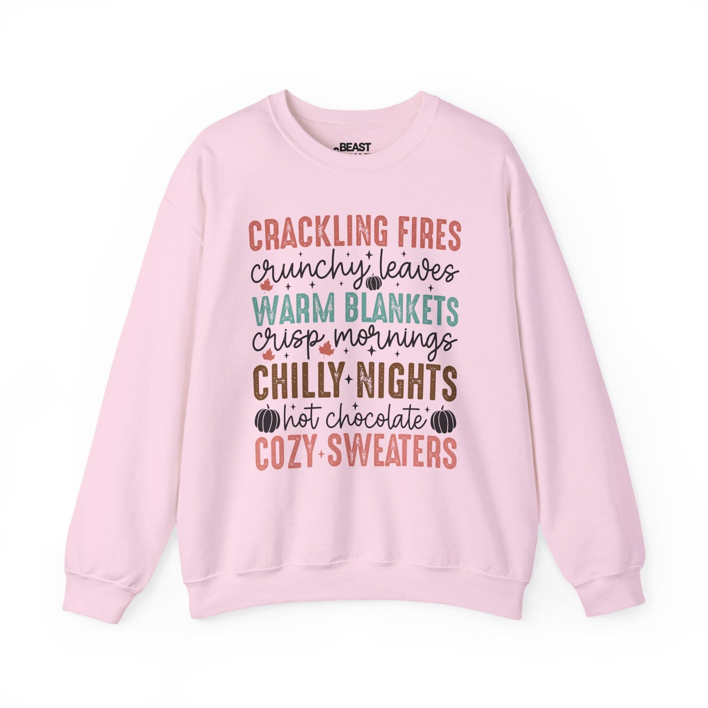 light pink sweatshirt with crackling fires crunchy leaves autumn gift design