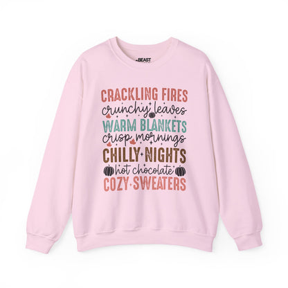 light pink sweatshirt with crackling fires crunchy leaves autumn gift design
