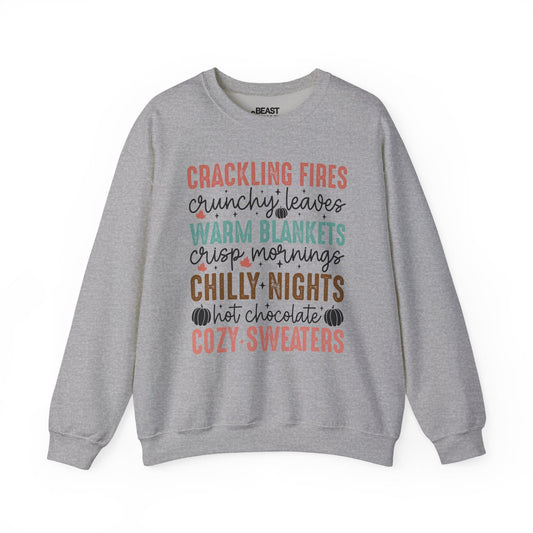 sport grey sweatshirt with crackling fires crunchy leaves seasonal print