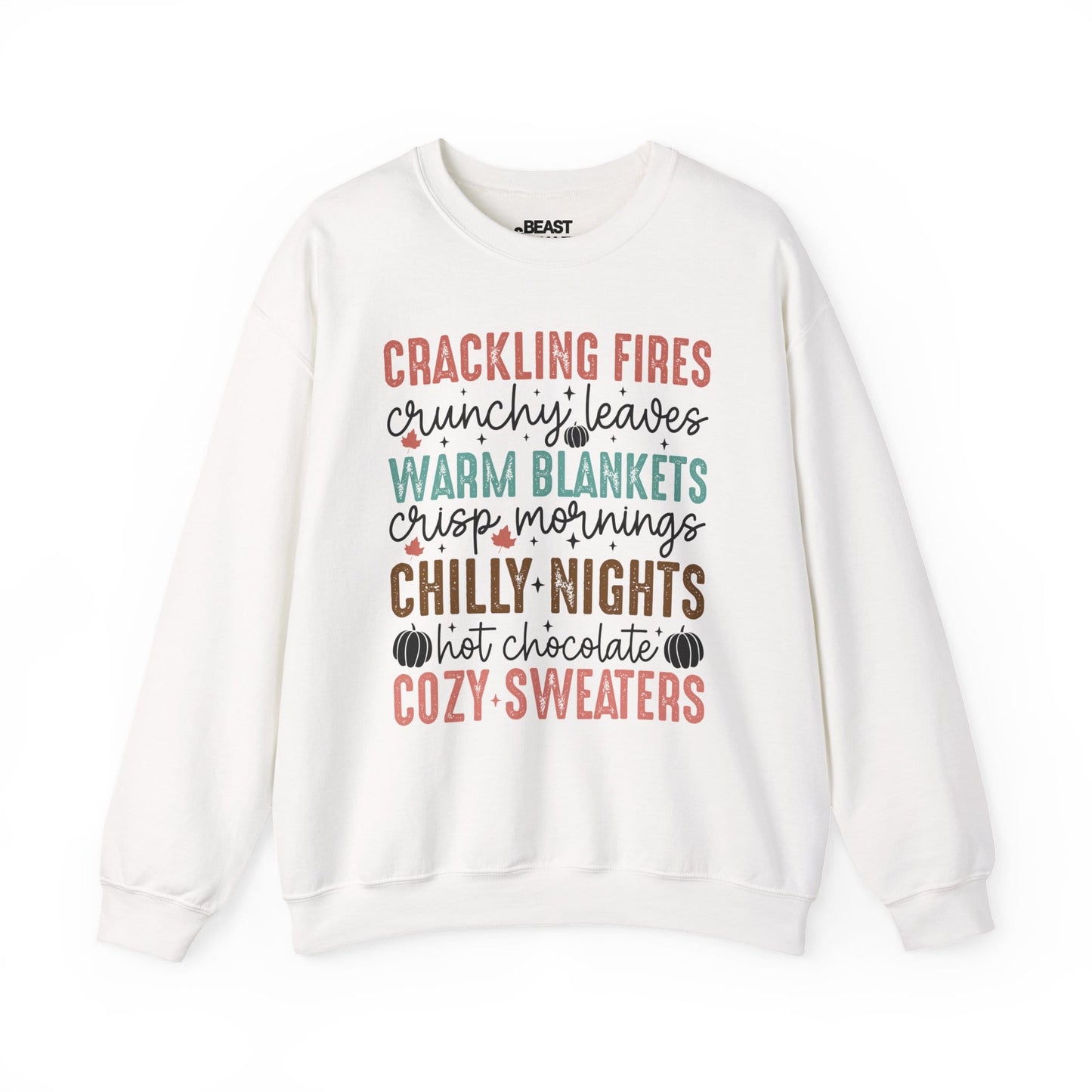 white sweatshirt with crackling fires and crunchy leaves autumn design for her