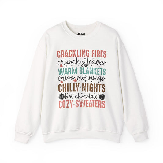 white sweatshirt with crackling fires and crunchy leaves autumn design for her