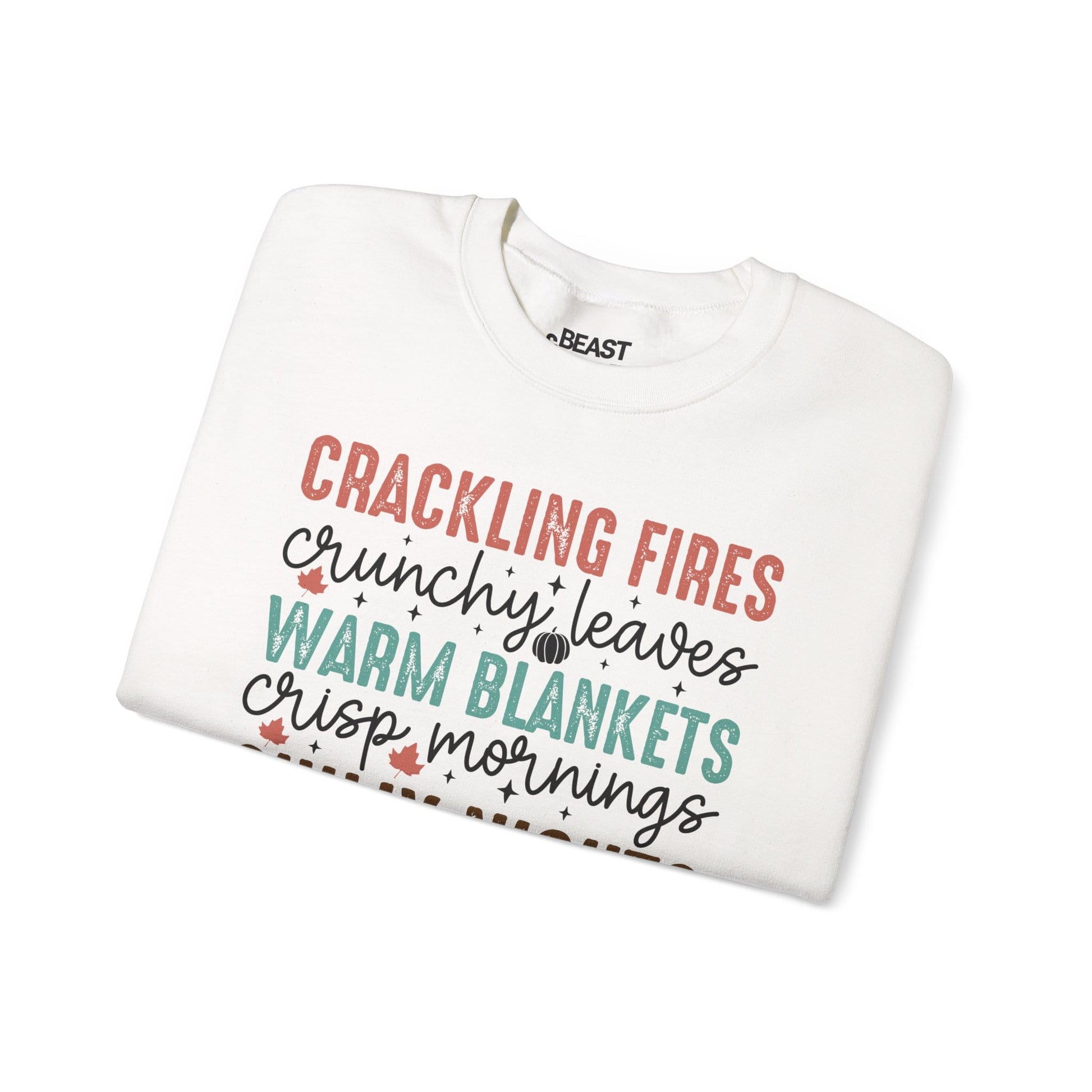 crackling fires crunchy leaves sweatshirt lifestyle detail showing autumn print