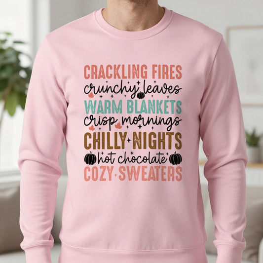 Crackling Fires Crunchy Leaves Sweatshirt in Light Pink, worn, our photo