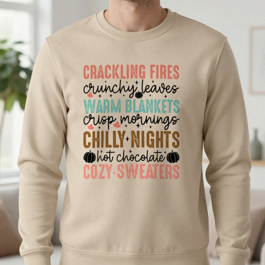 Crackling Fires Crunchy Leaves Sweatshirt in Sand, worn, our photo