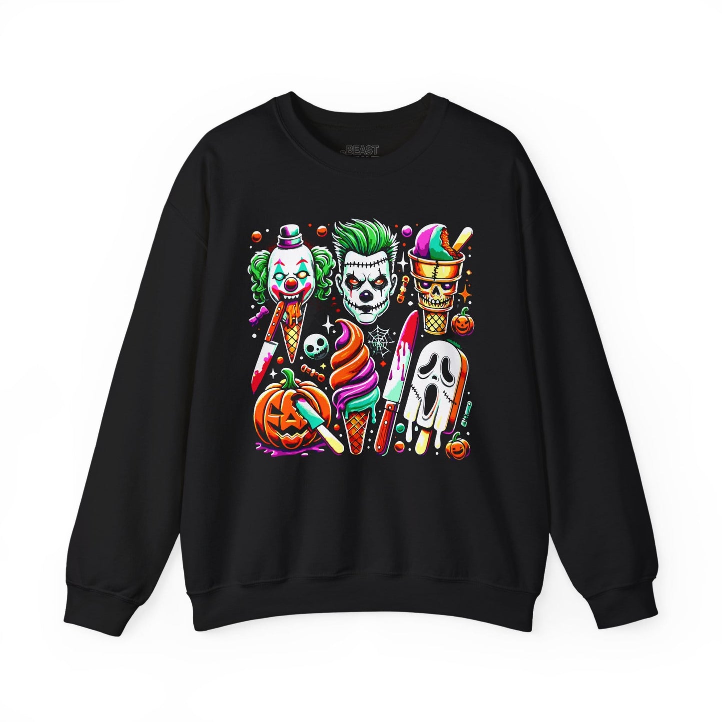 forest green sweatshirt with halloween horror ice cream pumpkins and ghost design