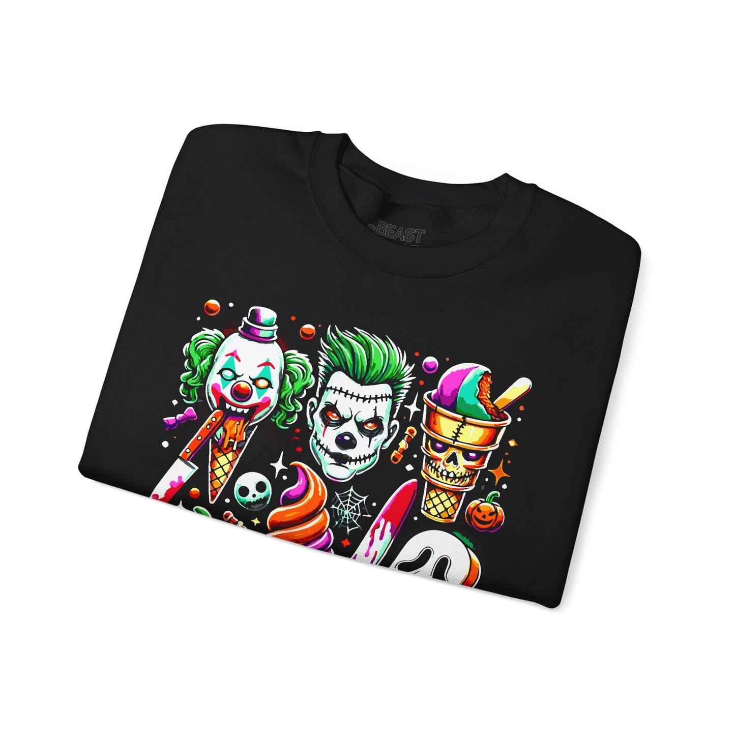 navy horror sweatshirt with creepy ice cream skulls and bloody knife halloween design