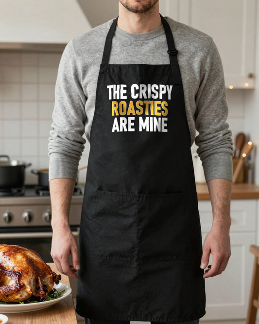 Crispy Roasties Are Mine Christmas apron in Black, worn, our photo