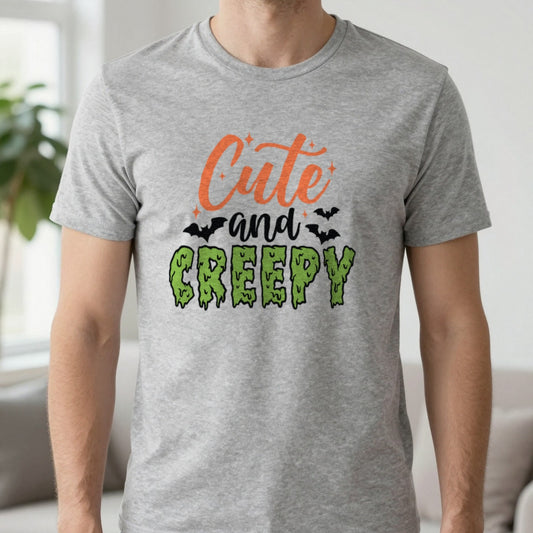 Cute And Creepy Halloween Graphic T-Shirt worn, lifestyle photo