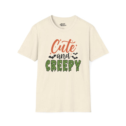 white t-shirt with cute and creepy spooky season graphic tee design