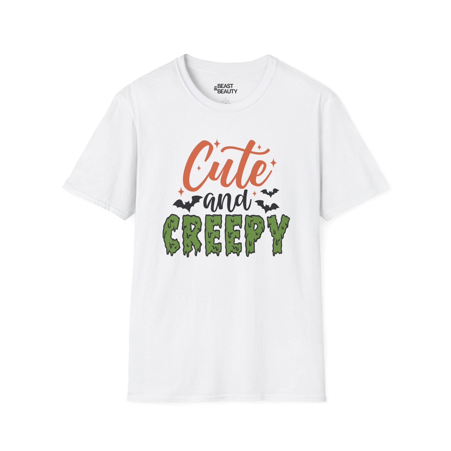 light blue t-shirt with cute and creepy halloween graphic design for adults