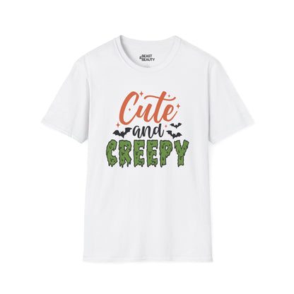 light blue t-shirt with cute and creepy halloween graphic design for adults