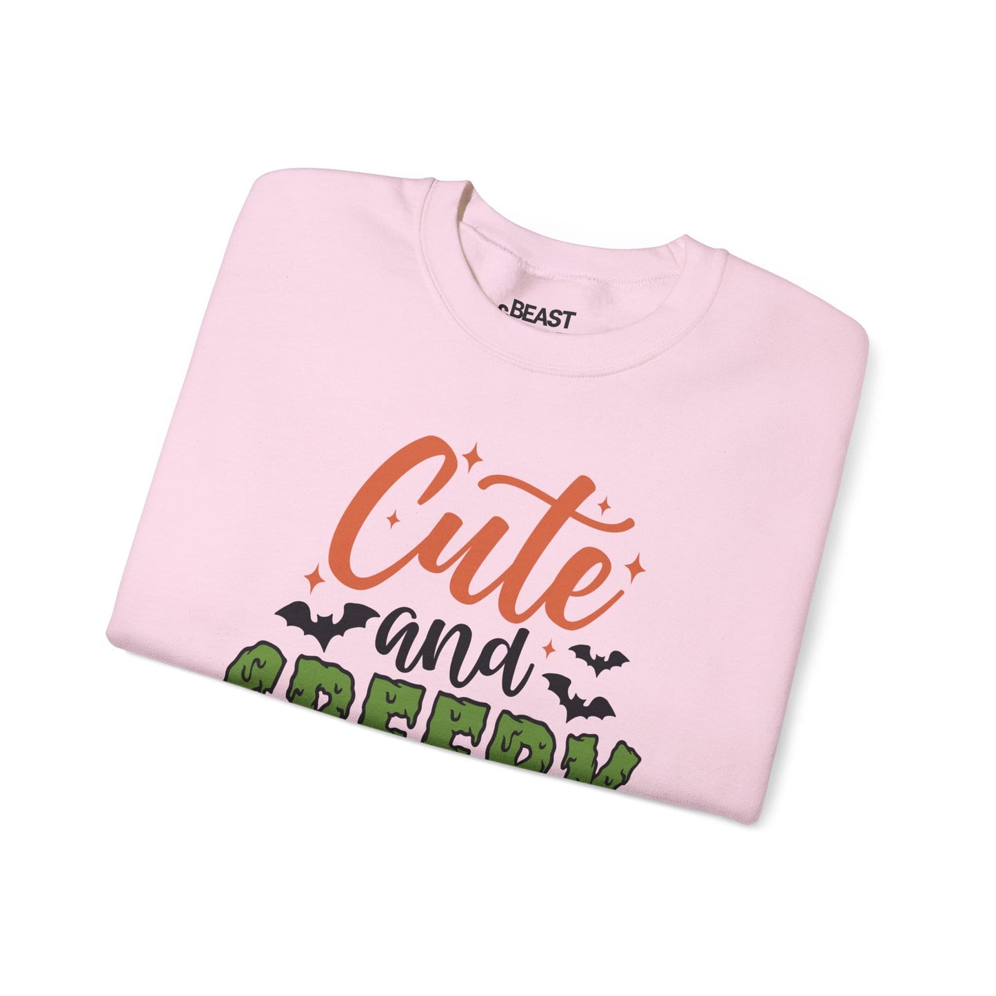 cute and creepy halloween sweatshirt flatlay showing design detail with bats and slime lettering
