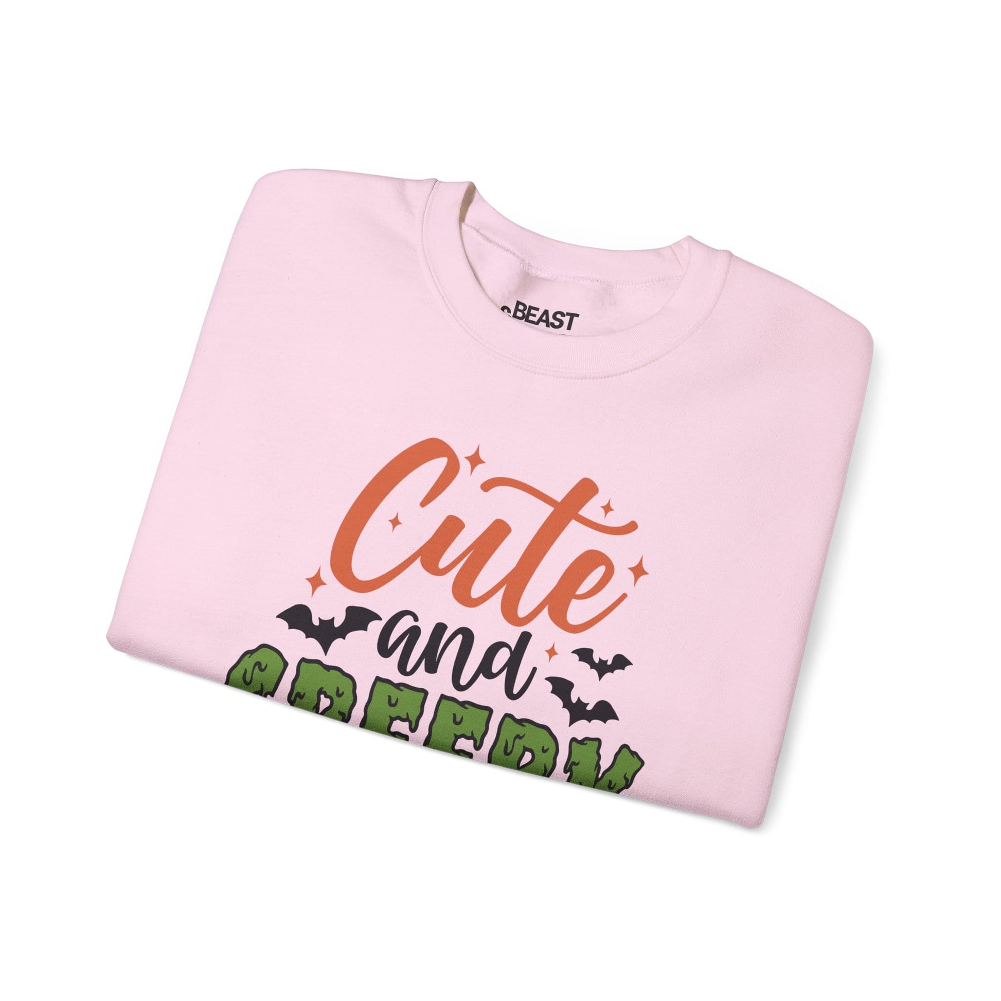 cute and creepy halloween sweatshirt flatlay showing design detail with bats and slime lettering