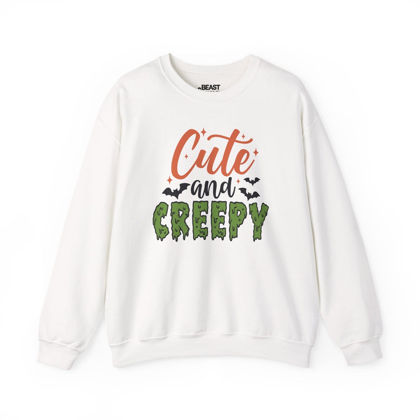 white sweatshirt with cute and creepy halloween graphic for spooky season
