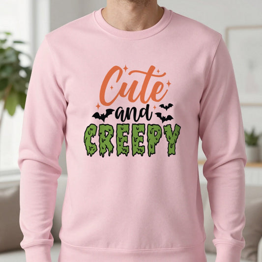 Cute and Creepy Halloween Sweatshirt in Light Pink, worn, our photo