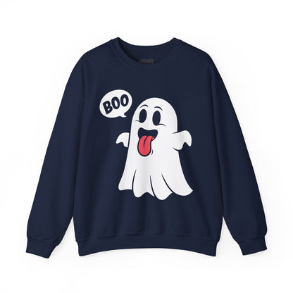 navy sweatshirt with playful boo ghost Halloween print