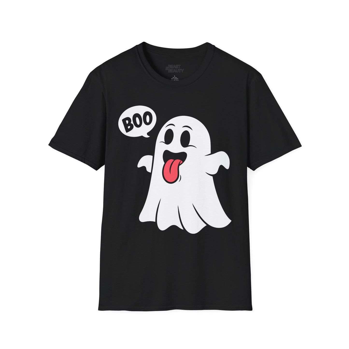 red t-shirt with cheerful boo ghost halloween design for men and women
