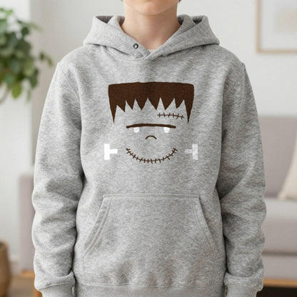 Cute Frankenstein Face Halloween Kids Hoodie in Sport Grey, worn, our photo