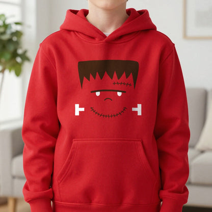 Cute Frankenstein Face Halloween Kids Hoodie in Red, worn, our photo