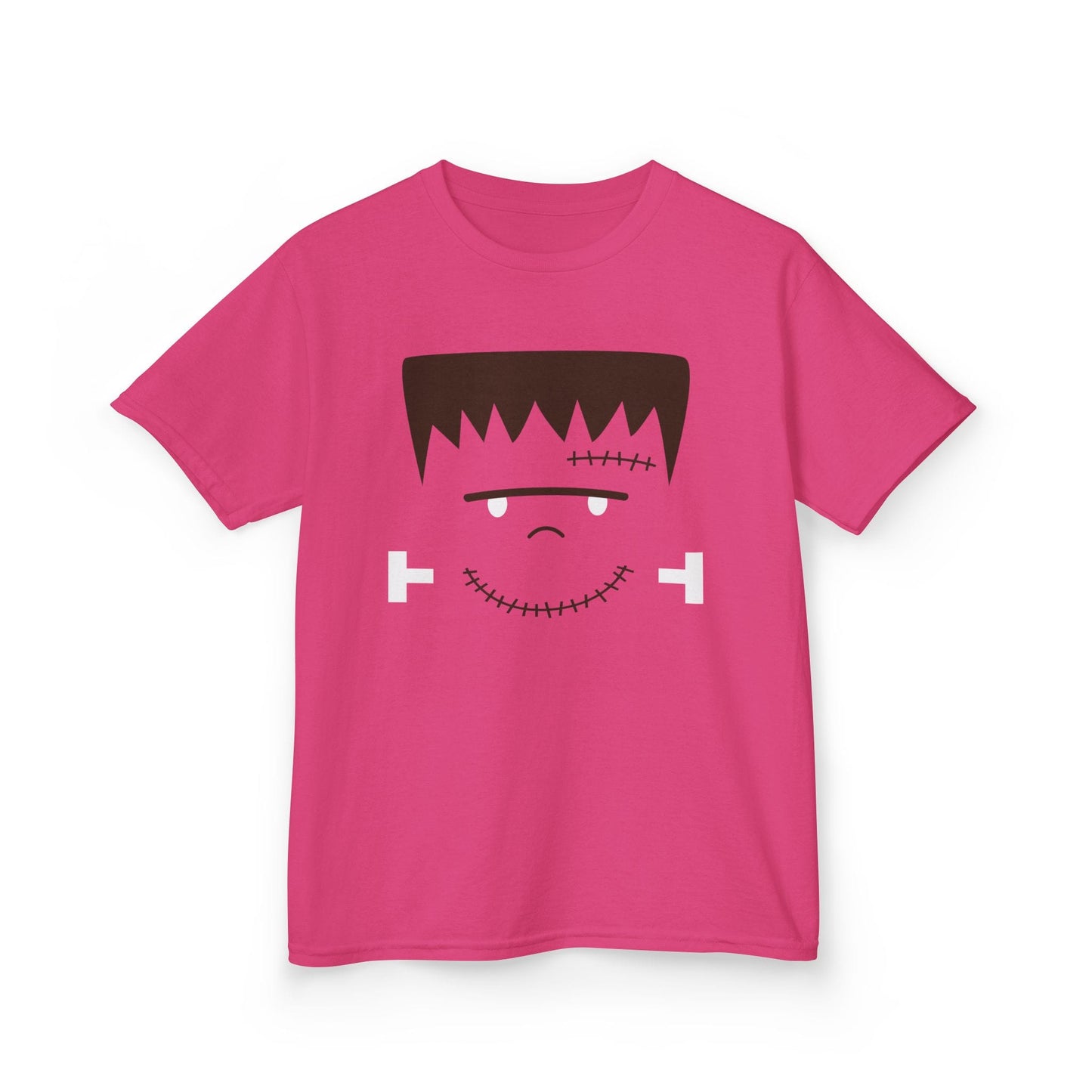 heliconia pink kids t-shirt with cute Frankenstein face Halloween design for boys and girls