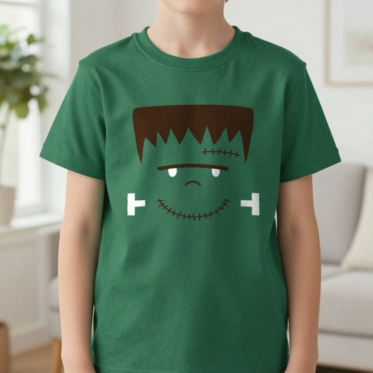 Cute Frankenstein Face Halloween Kids T-Shirt worn, lifestyle photo