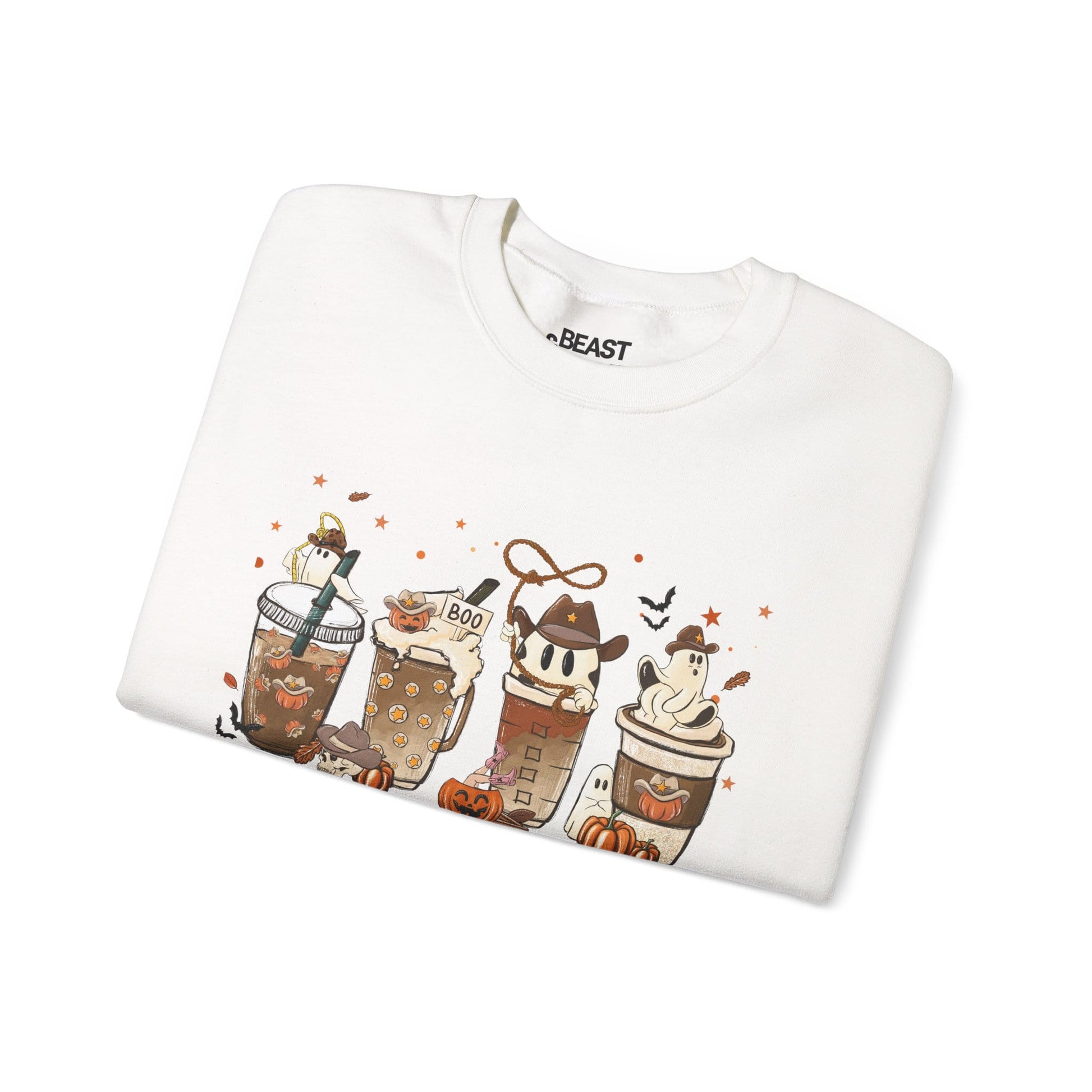 halloween coffee ghost sweatshirt lifestyle detail showing spooky season print