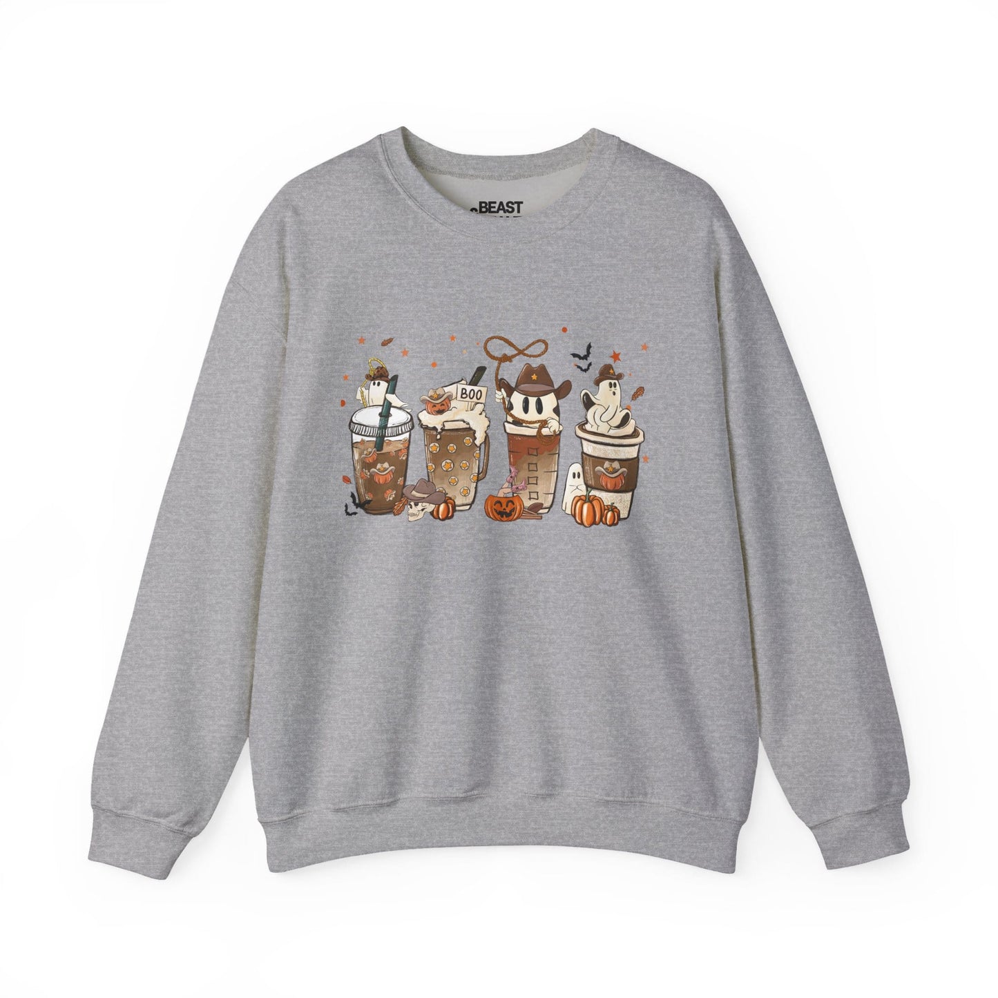 sport grey sweatshirt with halloween coffee ghost and bat autumn design