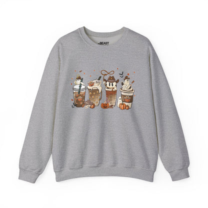 sport grey sweatshirt with halloween coffee ghost and bat autumn design