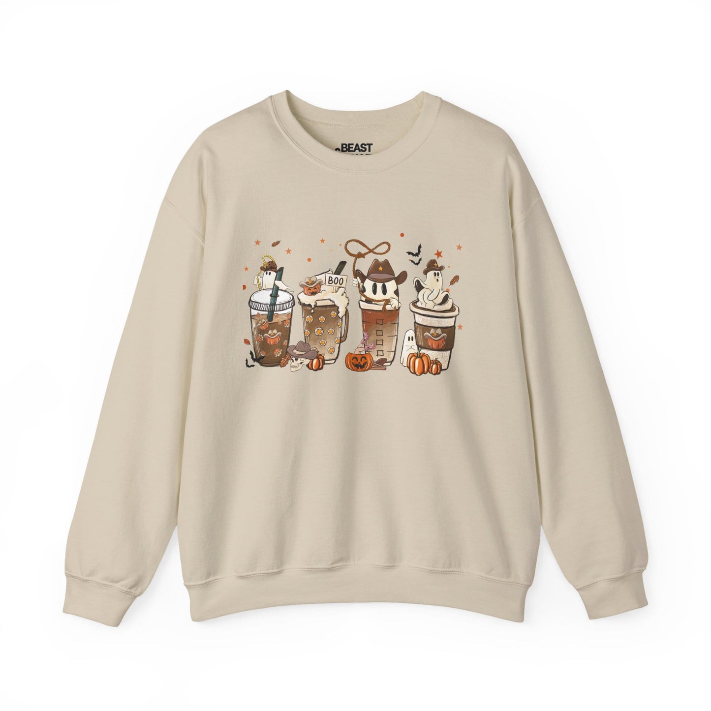sand sweatshirt with cute halloween coffee ghost and pumpkin print