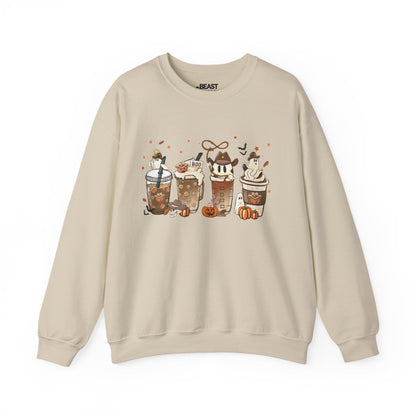 sand sweatshirt with cute halloween coffee ghost and pumpkin print