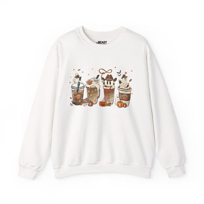 white sweatshirt with cute halloween coffee ghost pumpkin and bat design