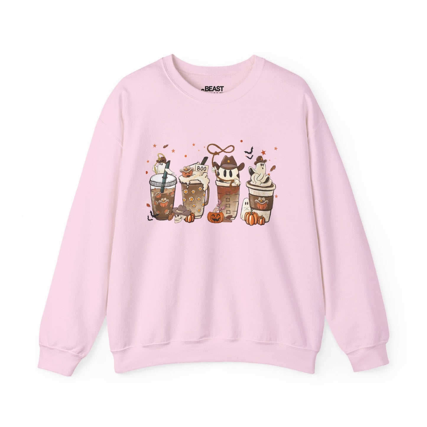 light pink sweatshirt with halloween coffee ghost spooky season design