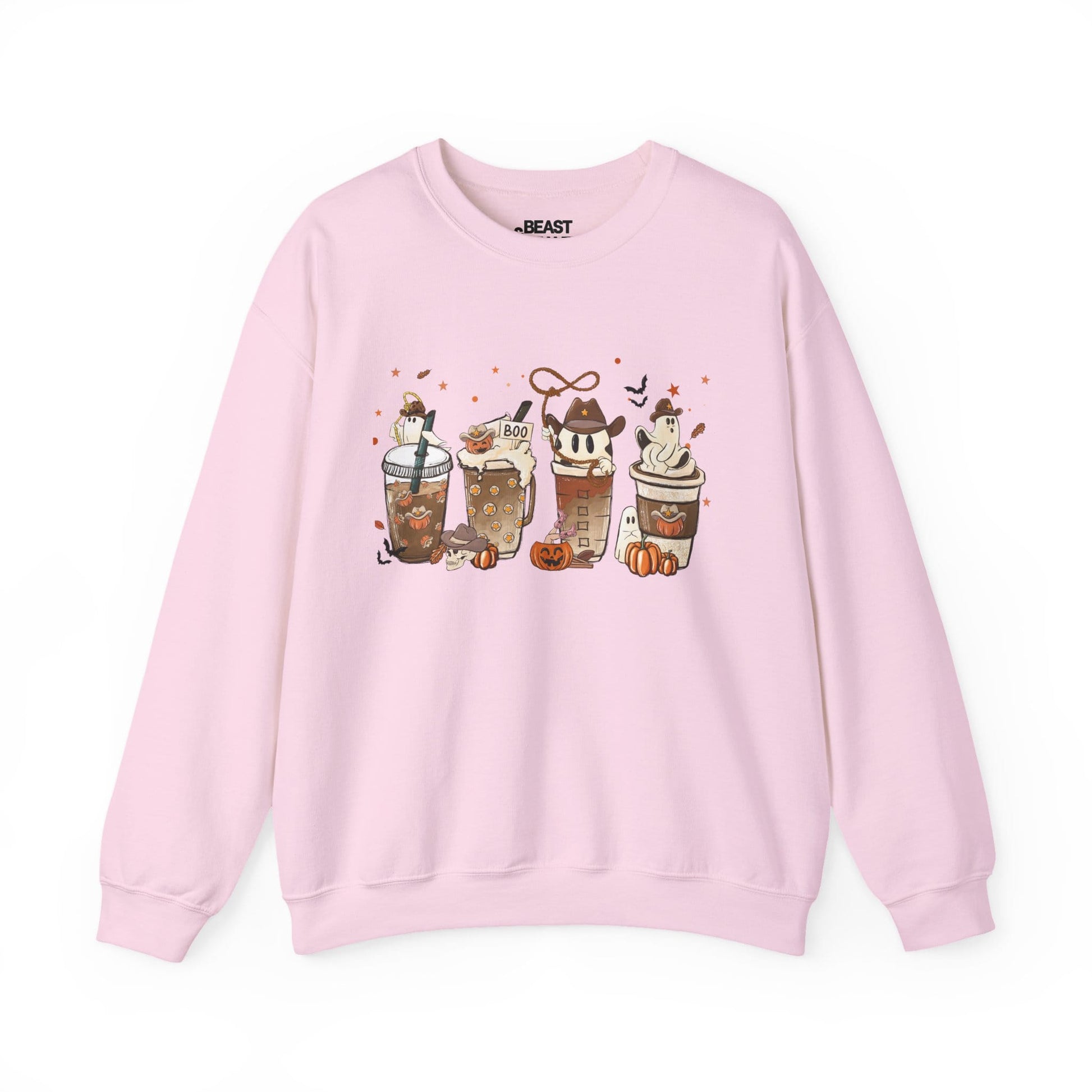 light pink sweatshirt with halloween coffee ghost spooky season design